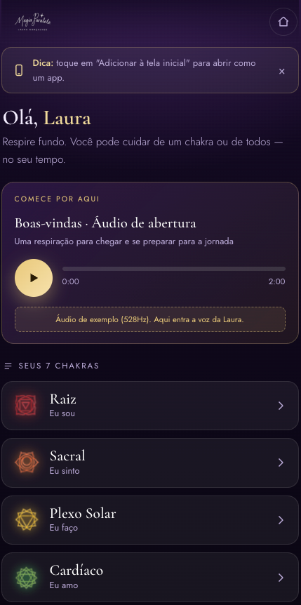Tela inicial do app, os 7 chakras